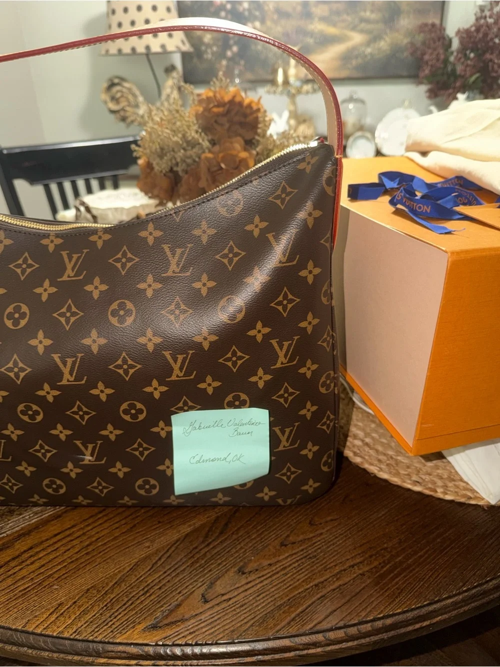 Louis Vuitton Monogram Shoulder Hobo in Brown with Red Trim